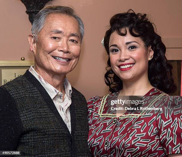 Actor George Takei and Actress Lea Salonga during the cast photo call or Broadway's "Allegiance" at The Longacre Theatre on September 29, 2015 in New...