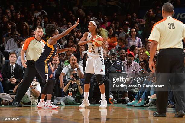 Candice Wiggins of the New York Liberty looks to pass the ball against the Indiana Fever during game Three of the WNBA Eastern Conference Finals at...