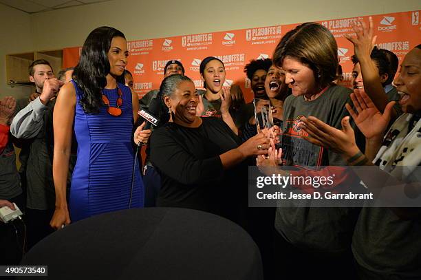 President of the WNBA Laurel J. Richie smiles while handing out the trophy to the Indiana Fever against the New York Liberty during game Three of the...