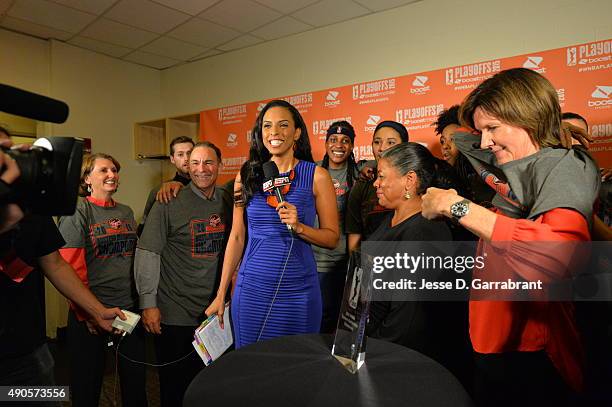 President of the WNBA Laurel J. Richie smiles while handing out the trophy to the Indiana Fever against the New York Liberty during game Three of the...