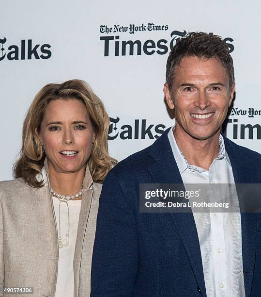 Actress Tea Leoni and Actor Tim Daly attend the Times Talks Presents: An Evening With The Cast Of "Madame Secretary" at Haft Auditorium at FIT on...