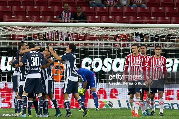 Edwin Cardona of Monterrey celebrates after scoring the first goal of his team during the 11th round match between Chivas and Monterrey as part of...