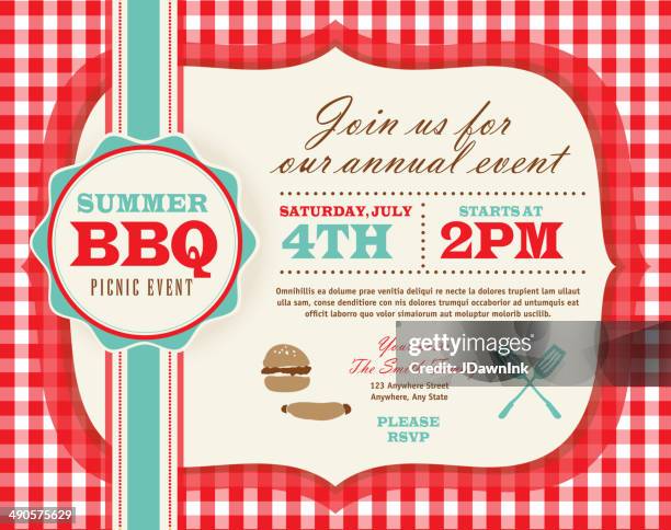 picnic invitation design template horizontal red and teal cute - picnic stock illustrations