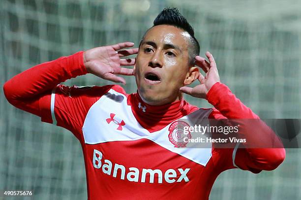 Christian Cueva of Toluca celebrates after scoring the second goal of his team during the 11th round match between Toluca and Tijuana as part of the...