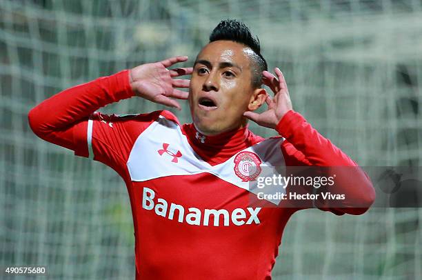 Christian Cueva of Toluca celebrates after scoring the second goal of his team during the 11th round match between Toluca and Tijuana as part of the...