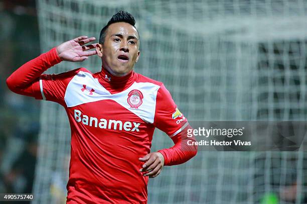 Christian Cueva of Toluca celebrates after scoring the second goal of his team during the 11th round match between Toluca and Tijuana as part of the...