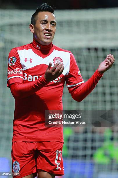 Christian Cueva of Toluca celebrates after scoring the second goal of his team during the 11th round match between Toluca and Tijuana as part of the...