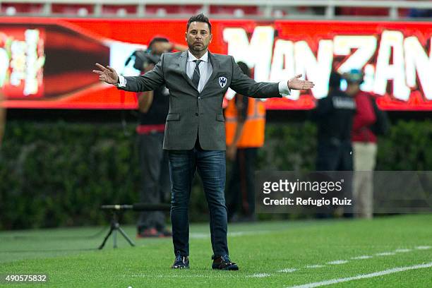 Antonio Mohamed coach of Monterrey gestures during the 11th round match between Chivas and Monterrey as part of the Apertura 2015 Liga MX at Omnilife...