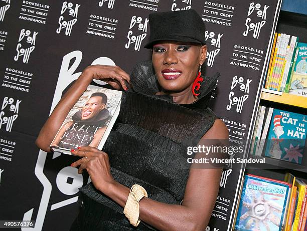 Singer Grace Jones signs and discusses her new book "I'll Never Write My Memoirs" at Book Soup on September 29, 2015 in West Hollywood, California.