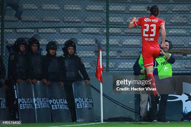 Omar Arellano of Toluca celebrates after scoring the third goal of his team during the 11th round match between Toluca and Tijuana as part of the...