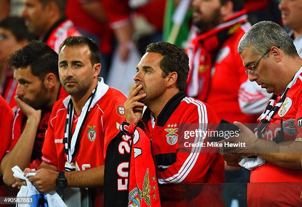 Dejected Benfica fans look on during the UEFA Europa League Final match between Sevilla FC and SL Benfica at Juventus Stadium on May 14, 2014 in...