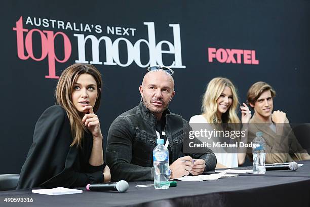 Model Cheyenne Tozzi and Fashion designer Alex Perry, Jennifer Hawkins and Zac Stenmark look on at Australia's Next Top Model Season 10 auditions at...