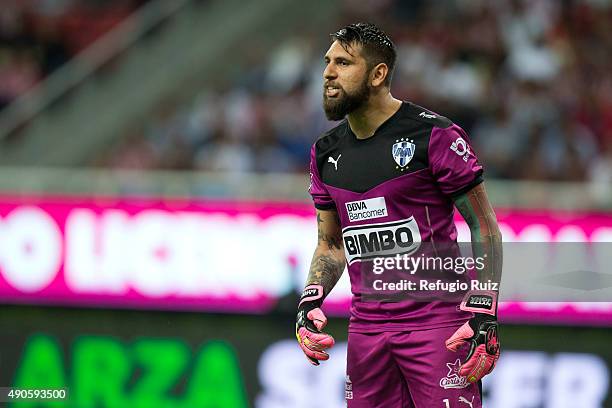 Jonathan Orozco goalkeeper of Monterrey gives instructions to his teammates during the 11th round match between Chivas and Monterrey as part of the...