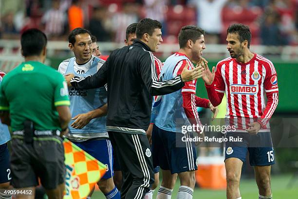 Raul Lopez of Chivas celebrates after scoring the second and winning goal of his team during the 11th round match between Chivas and Monterrey as...