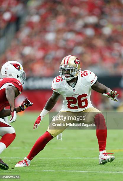 Tramaine Brock of the San Francisco 49ers defends during the game against the Arizona Cardinals at the University of Phoenix Stadium on September 27,...