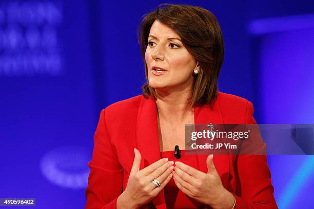 President of Kosovo, Atifete Jahjaga speaks onstage during the Clinton Global Initiative 2015 at the Sheraton New York Times Square Hotel on...