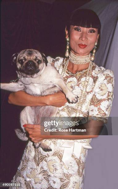 An unidentified model holds designer Adolfo's French bulldog at the St Regis hotel, New York, New York, 1970s.