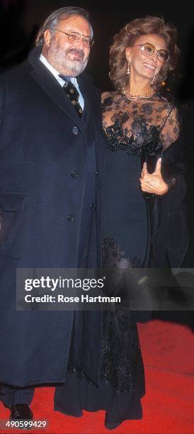 Designer Gianfranco Ferre and actress Sophia Loren attend the film premiere for 'Ready To Wear', New York, New York, 1994.