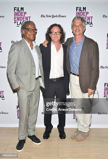 Elvis Mitchell, Davis Guggenheim and Walter Parkes attend the Film Independent at LACMA screening and Q&A of "He Named Me Malala" at Bing Theatre At...