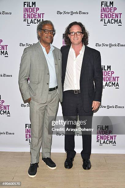 Elvis Mitchell and Davis Guggenheim attend the Film Independent at LACMA screening and Q&A of "He Named Me Malala" at Bing Theatre At LACMA on...