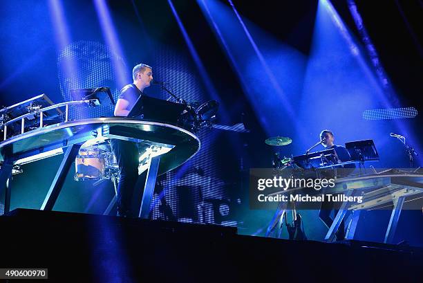 Musicians Guy Lawrence and Howard Lawrence of Disclosure perform at Los Angeles Sports Arena on September 29, 2015 in Los Angeles, California.