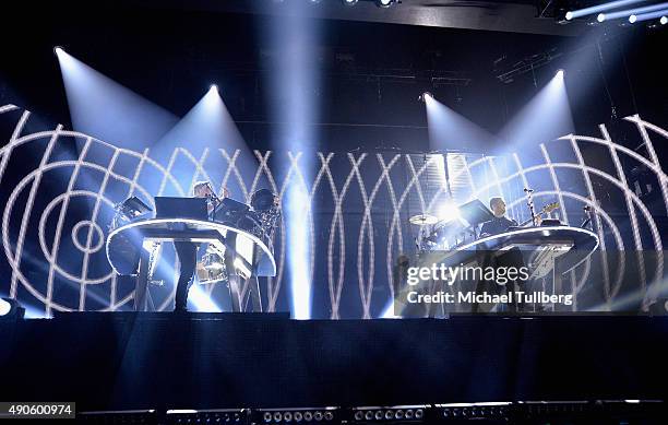 Musicians Guy Lawrence and Howard Lawrence of Disclosure perform at Los Angeles Sports Arena on September 29, 2015 in Los Angeles, California.