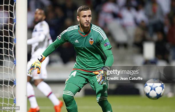 Goalkeeper of Valencia CF Jaume Domenech in action during the UEFA Champions league match between Olympic Lyonnais and Valencia CF at Stade de...