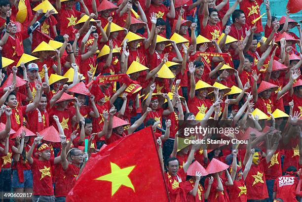 Vietnamese fans celebrates the 3rd goal against Jordan during the AFC Women's Asian Cup Group A match between Vietnam and Jordan at Thong Nhat...