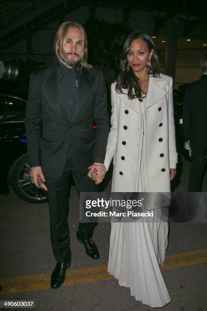 Actress Zoe Saldana and her husband Marco Perego are seen leaving the 'Palais des Festivals' on day 1 of the 67th Annual Cannes Film Festival on May...