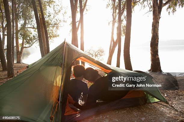 dad and son in tent in early morning - camping grounds stock pictures, royalty-free photos & images