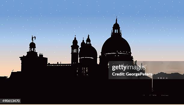 venice, italy basilica silhouette at sunset - santa maria della salute stock illustrations