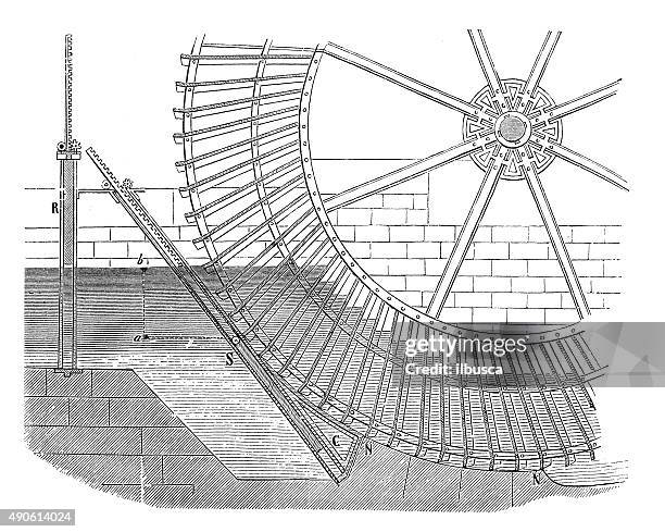 antique illustration of water experiments, machineries, pumps and mills - water mill stock illustrations