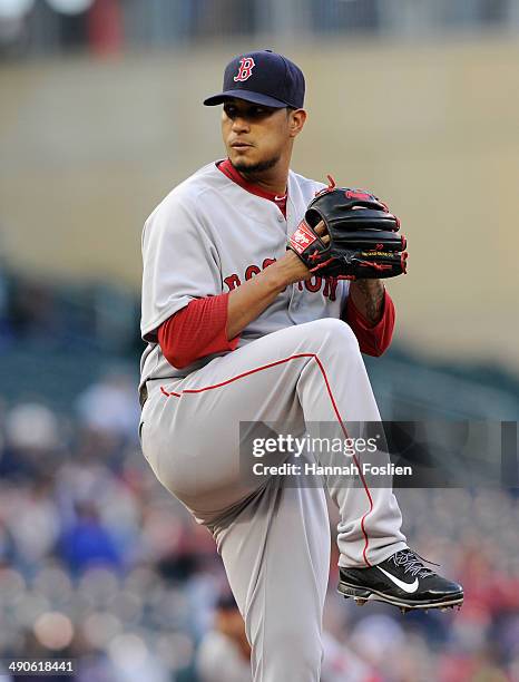 Felix Doubront of the Boston Red Sox delivers a pitch against the Minnesota Twins during the first inning of the game on May 14, 2014 at Target Field...