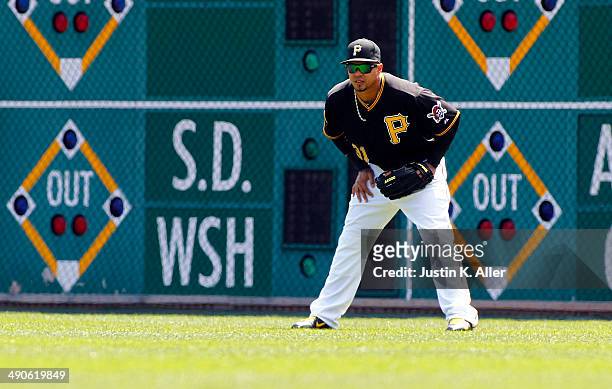 Jose Tabata of the Pittsburgh Pirates plays the field against the Cincinnati Reds during the game at PNC Park April 24, 2014 in Pittsburgh,...