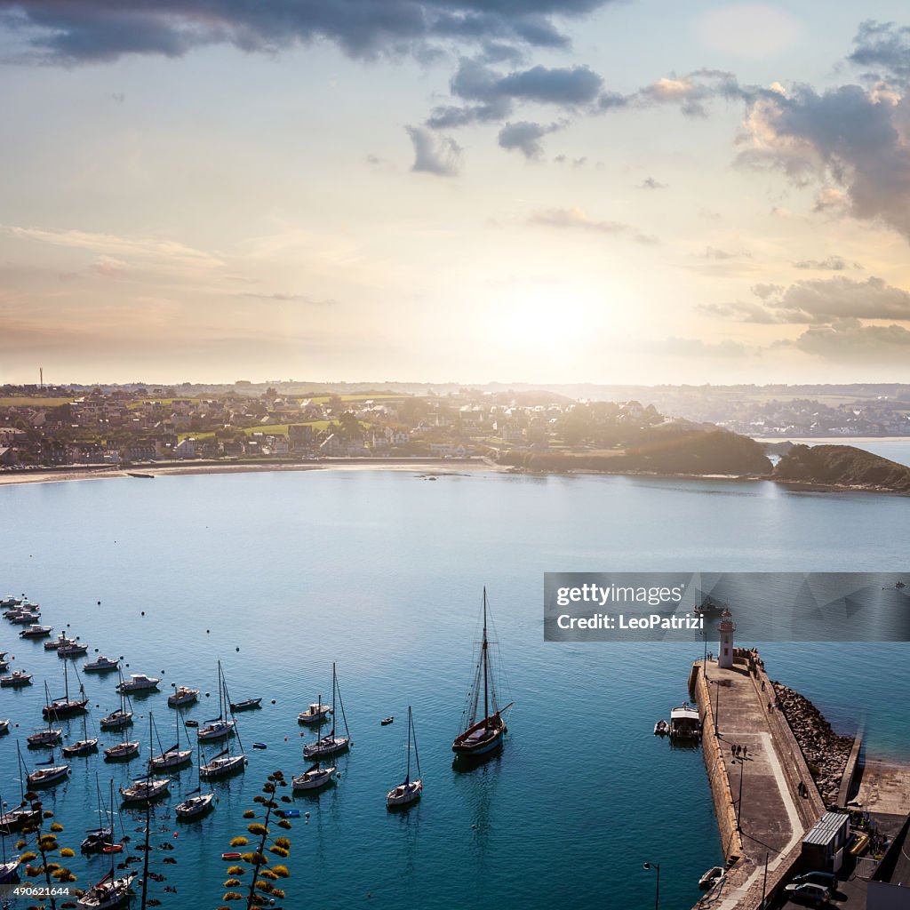 Erquy harbor and bay seen from the cliffs, France, Brittany