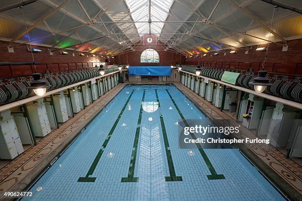 An interior view of Bramley Baths showing its ornate ballustrade on September 2, 2015 in Leeds, England. Ramley Baths first opened as a pool and...