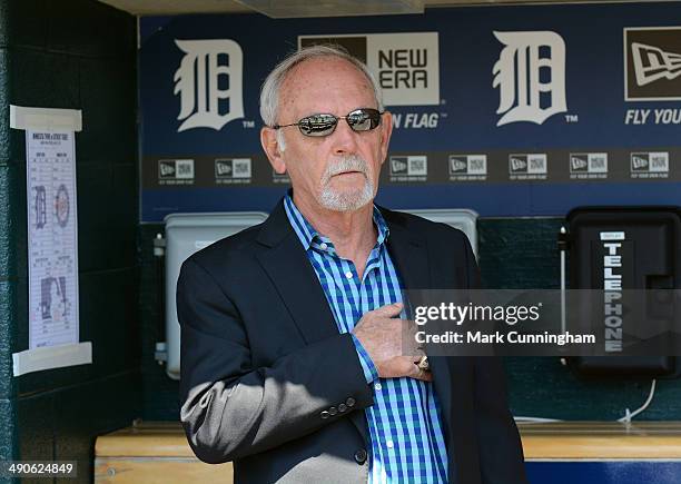 Former Detroit Tigers manager Jim Leyland looks on during the National Anthem prior to the game against the Minnesota Twins at Comerica Park on May...