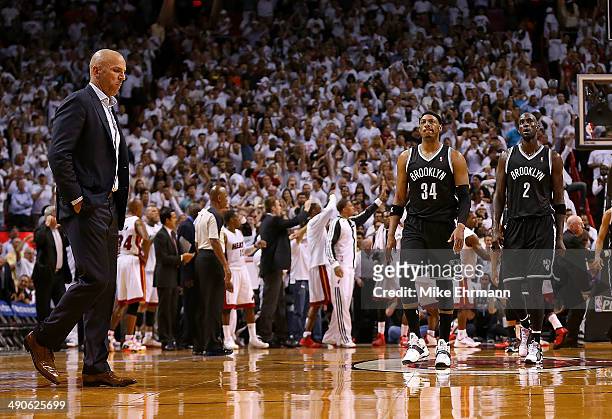 Jason Kidd of the Brooklyn Nets, Paul Pierce and Kevin Garnett of the Brooklyn Nets look on during Game Five of the Eastern Conference Semifinals of...