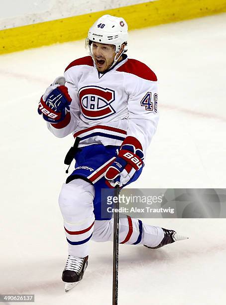 Daniel Briere of the Montreal Canadiens celebrates a third period goal against the Boston Bruins during Game Seven of the Second Round of the 2014...