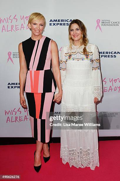 Toni Collette and Drew Barrymore arrive at the 'Miss You Already' Gala premiere at the State Theatre on September 30, 2015 in Sydney, Australia.