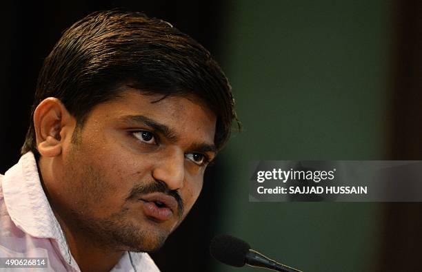 Indian convenor of the 'Patidar Anamat Andolan Samiti' movement Hardik Patel addresses a press conference in New Delhi on September 30, 2015. Patel...