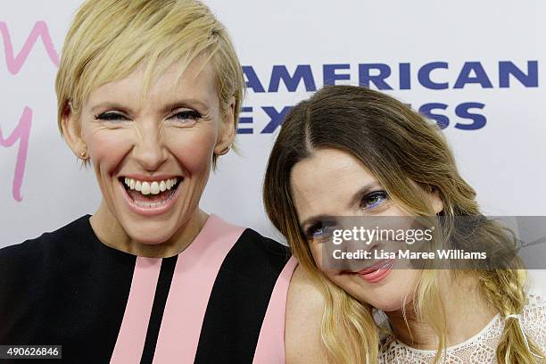 Toni Collette and Drew Barrymore arrive at the 'Miss You Already' Gala premiere at the State Theatre on September 30, 2015 in Sydney, Australia.