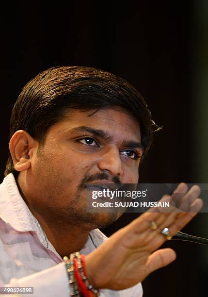 Indian convenor of the 'Patidar Anamat Andolan Samiti' movement Hardik Patel addresses a press conference in New Delhi on September 30, 2015. Patel...