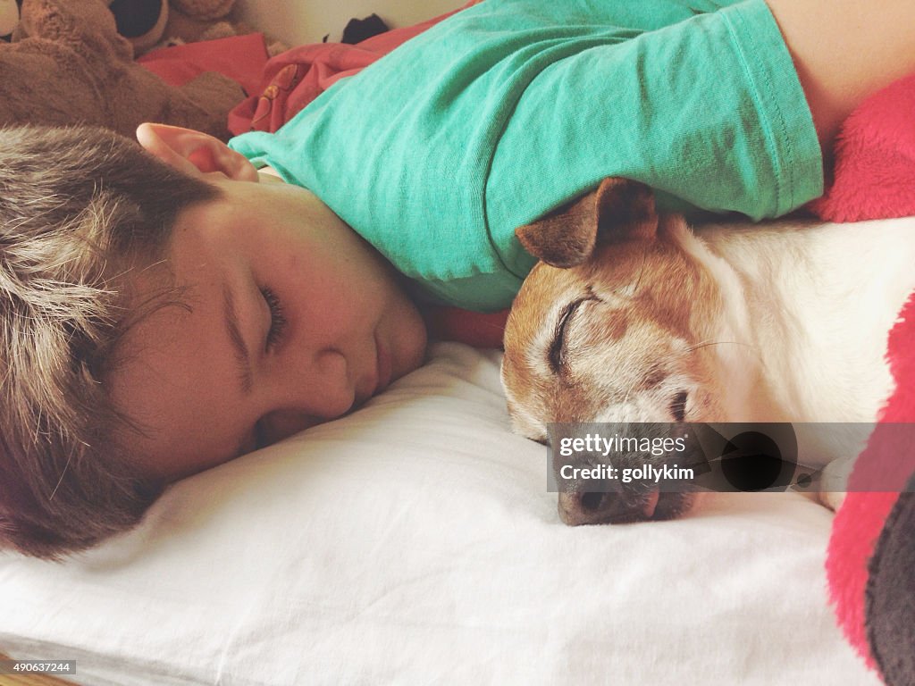Garçon dormir avec chien