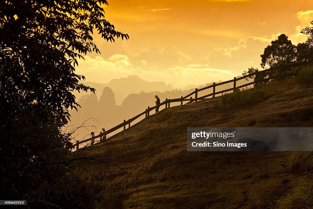 Mount Wuyi,man walking down the mountain in sunset