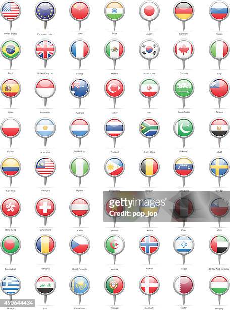world most popular round flag pins - illustration - italy argentina stock illustrations