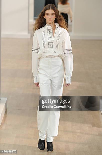 Model walks the runway at the Lemaire Spring Summer 2016 fashion show during Paris Fashion Week on September 30, 2015 in Paris, France.