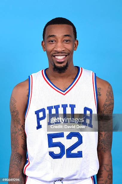 Jordan McRae of the Philadelphia 76ers poses for a photo during media day on September 28, 2015 in Galloway, New Jersey NOTE TO USER: User expressly...