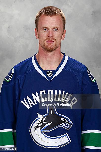 Daniel Sedin of the Vancouver Canucks poses for his official headshot for the 2015-2016 season on September 17, 2015 at Rogers Arena in Vancouver,...