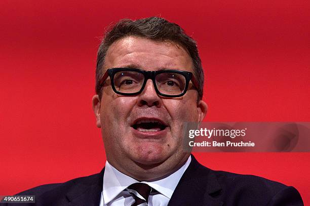 Deputy Leader of the Labour Party Tom Watson delivers the closing speech to delegates on the final day of The Labour Party Autumn Conference on...